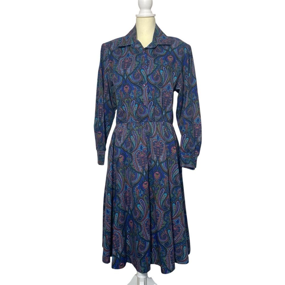 Women's Vintage Bedford Fair Long Sleeve Button Front Paisley Midi Dress